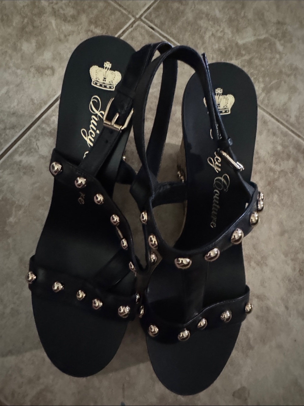 Juicy Couture Black Studded Slingback wedges heels with Gold Accents